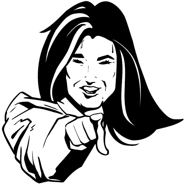 Lady pointing finger vinyl sticker. Customize on line. People 069-0368